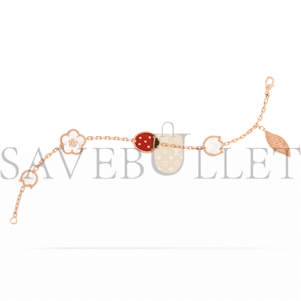 V*N CL*F arpels lucky spring bracelet, 5 motifs - rose gold, carnelian, mother-of-pearl, onyx  vcarp7rr00